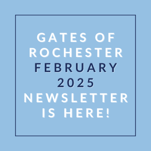 A blue square with text announcing the Gates of Rochester February 2025 newsletter.