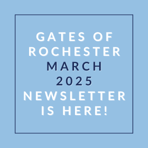A blue square with text announcing the Gates of Rochester March 2025 newsletter.
