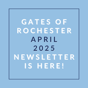 A blue square with text announcing the Gates of Rochester April 2025 newsletter.