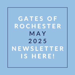 A blue square with text announcing the Gates of Rochester May 2025 newsletter.