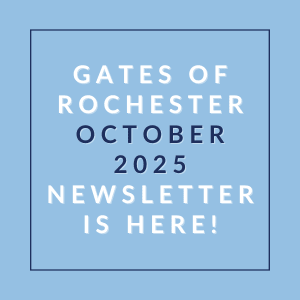 A blue square with text announcing the Gates of Rochester October 2025 newsletter.