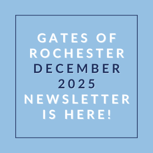 A blue square with text announcing the Gates of Rochester December 2025 newsletter.