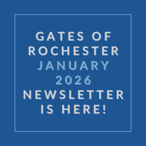 A blue square with white text announcing the Gates of Rochester January 2026 newsletter.