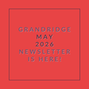 A red square with white text announcing the Grandridge May 2026 newsletter.