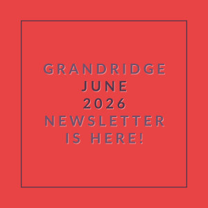 A red square with white text announcing the Grandridge June 2026 Newsletter.