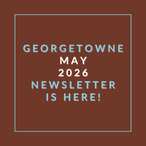 A brown square with white text announcing the Georgetowne May 2026 Newsletter.