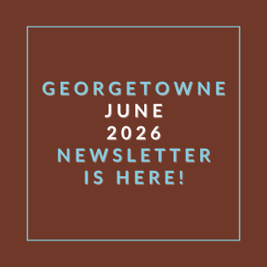 A brown background with a white border announces the Georgetowne June 2026 newsletter.