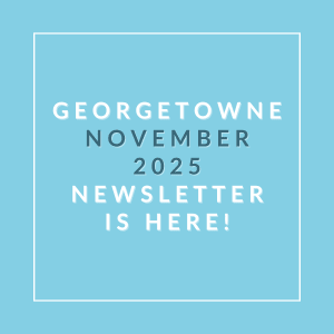 A blue square with text announcing the Georgetown November 2025 newsletter.