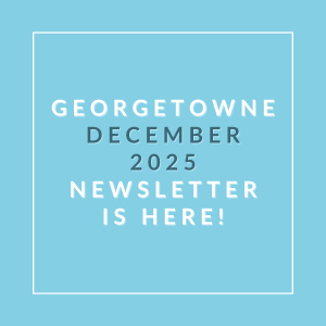 A blue square with text announcing the Georgetown December 2025 newsletter.