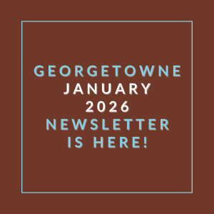 A brown square with white text announcing the Georgetown January 2026 Newsletter.