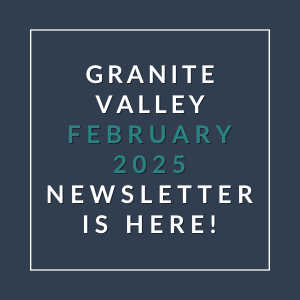 a green background with a white font and the words granite valley february