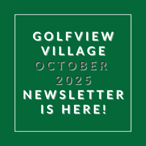 A green square with white text announcing the Golfview Village October 2025 newsletter.