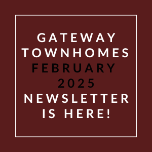 A red square with white text announcing the January 2025 newsletter for Gateway Apartments.