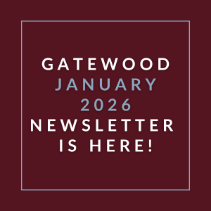 A red square with white text announcing the January 2026 Gatewood newsletter.