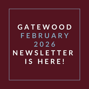 A red square with white text announcing the January 2026 Gatewood newsletter.