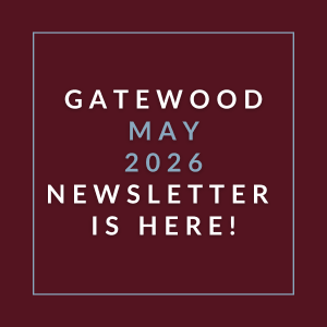 A red square with white text announcing the Gatewood April 2026 newsletter.