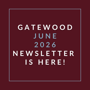 A red square with white text announcing the Gatewood June 2026 newsletter.