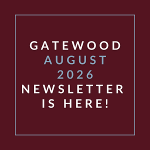A red square with white text announcing the release of the Gatewood August 2026 newsletter.