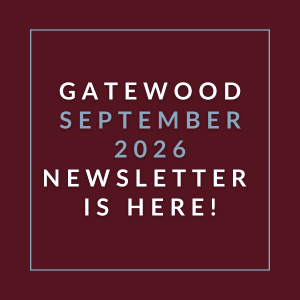 A red square with white text announcing the release of the Gatewood September 2026 newsletter.