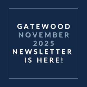 A blue square with the text "Gatewood November 2025 Newsletter is here!" written in white.