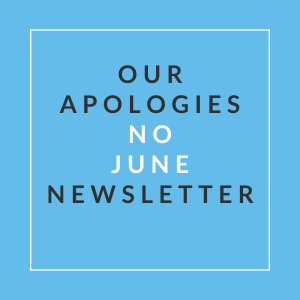 A blue square with the text "Our Apologies No June Newsletter" written in white.