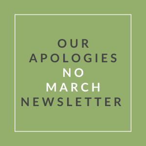 A poster with the text "Our Apologies No March Newsletter" on a green background.