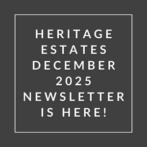 A black and white image announcing the Heritage Estates December 2025 newsletter.