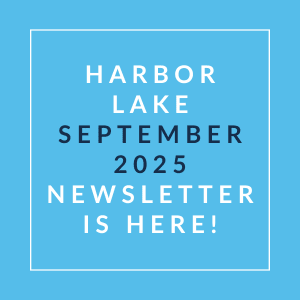 A blue square with white text announcing the Harbor Lake September 2025 newsletter.