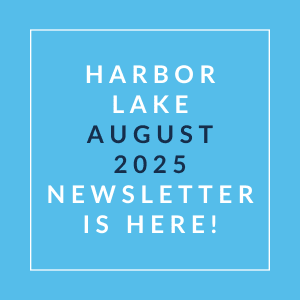 a white font on a blue background with the words harbor lake august 2024 newsletter