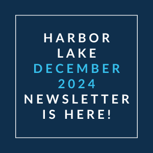 a white rectangle on a blue background with the words harbor lake november 2024