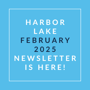 a white font on a blue background with the words harbor lake february 2024