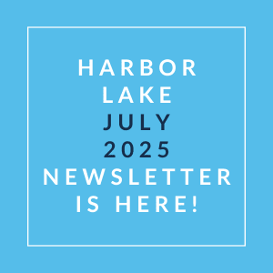 a white font on a blue background with the words harbor lake august 2024 newsletter