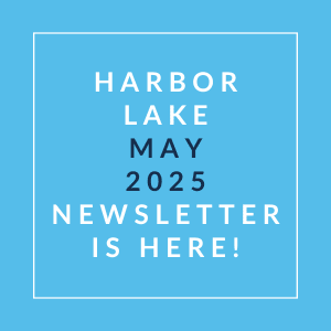 a navy blue background with white text and the words harbor lake may 2024 newsletter is