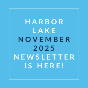 A blue square with white text announcing the Harbor Lake November 2025 newsletter.