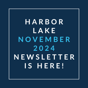 a white frame on a blue background with the words harbor lake november 23
