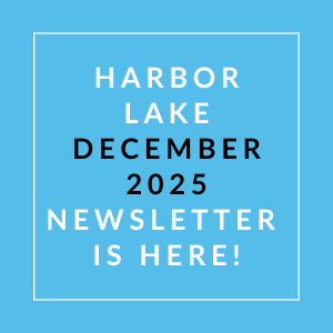 A blue square with white text announcing the Harbor Lake December 2025 newsletter.