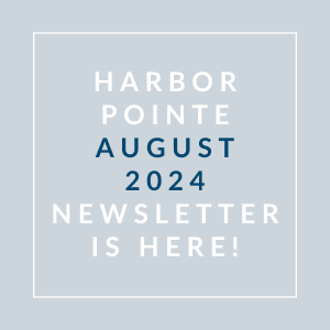 a white frame on a blue background with the words harbor pointe july 2024