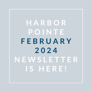 a white frame on a blue background with the words harbor pointe february