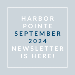 a white frame on a blue background with the words harbor pointe september