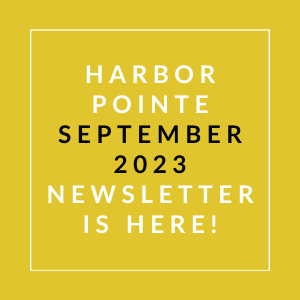 a yellow background with a white border and text that says harbor pointe september 23