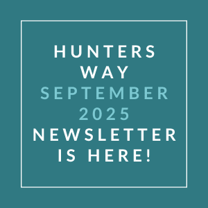 A teal-colored image announcing the availability of the Hunters Way September 2025 newsletter.