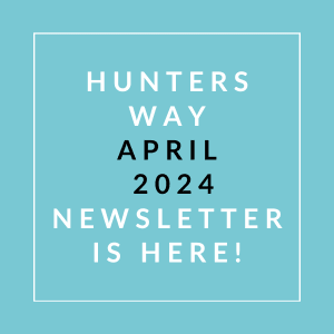 a white line on a blue background with text that reads hunters way april
