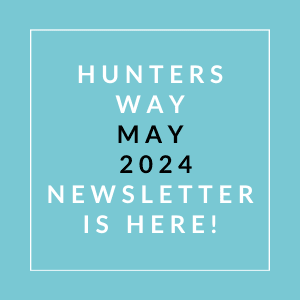 an aqua background with a white border and text that reads hunters wayyyyy