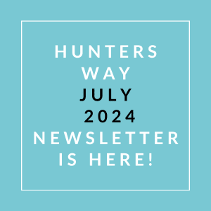 an aqua background with a white border and the text hunter way july 2024