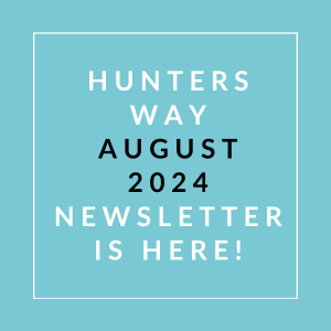a white line on a blue background with the words hunters way august 2024 newsletter
