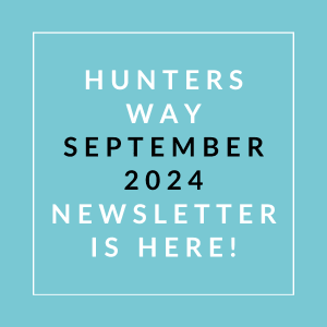 a white line on a blue background with the caption hunters way september