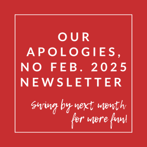 A red square with white text announcing the next month's newsletter.
