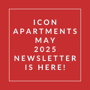 The image announces the availability of the Icon Apartments May 2025 newsletter.
