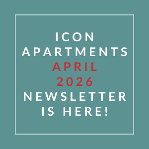 The image announces the availability of the Icon Apartments May 2025 newsletter.