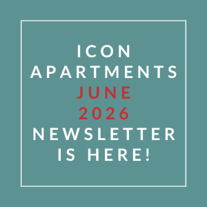 The image announces the availability of the June 2026 newsletter for Icon Apartments.
